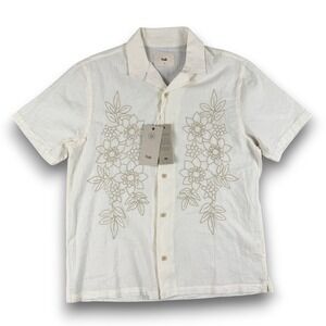 Folk Healey SS Shirt Mens M Ecru Linen Blend Floral Embroidery Short Sleeve